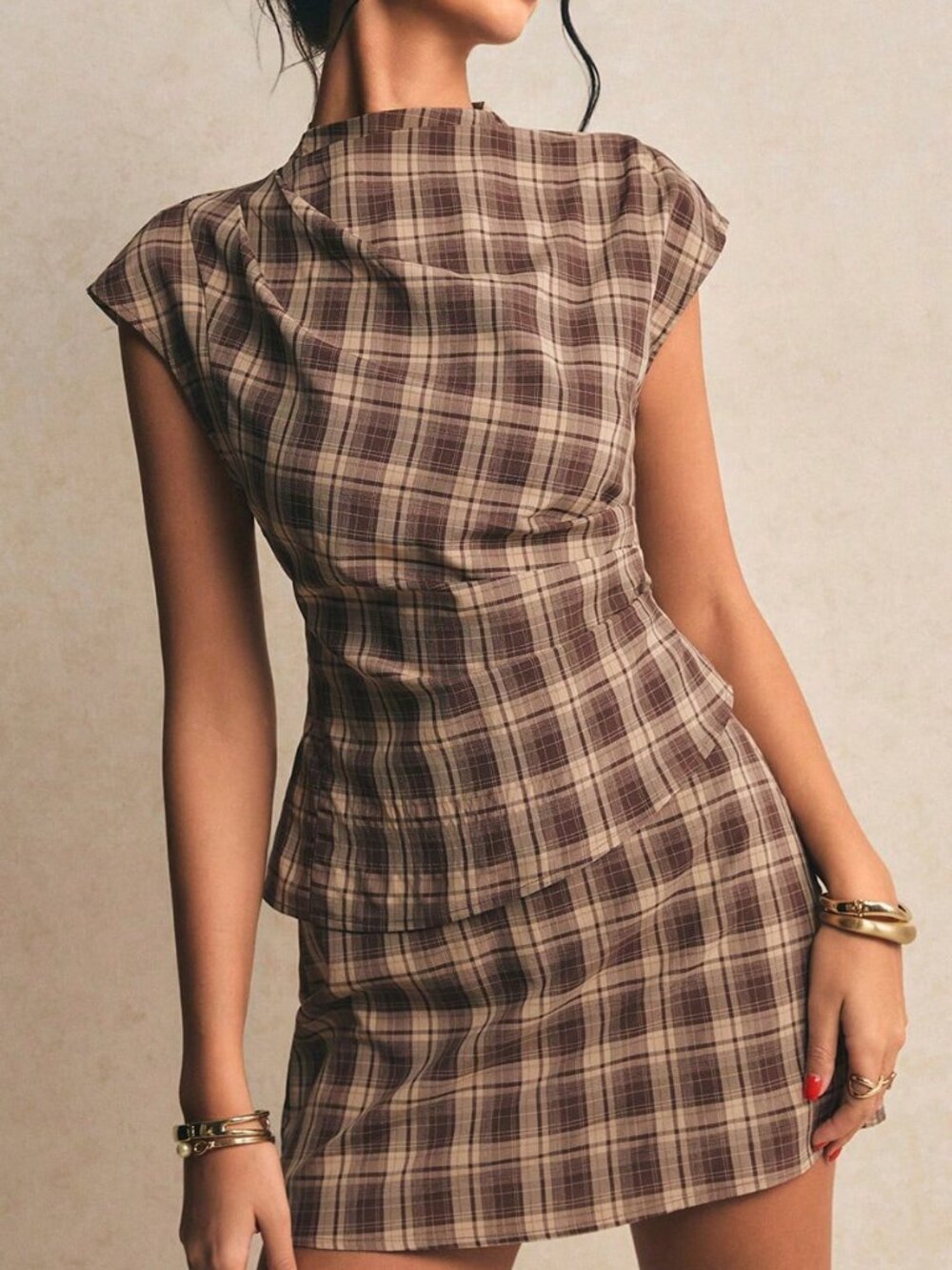 Brown Elegant Women's Plaid 2-Piece Set